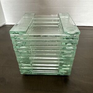 Vintage Green Hue Stacked Glass Pillar Candle Lantern 4.25"
